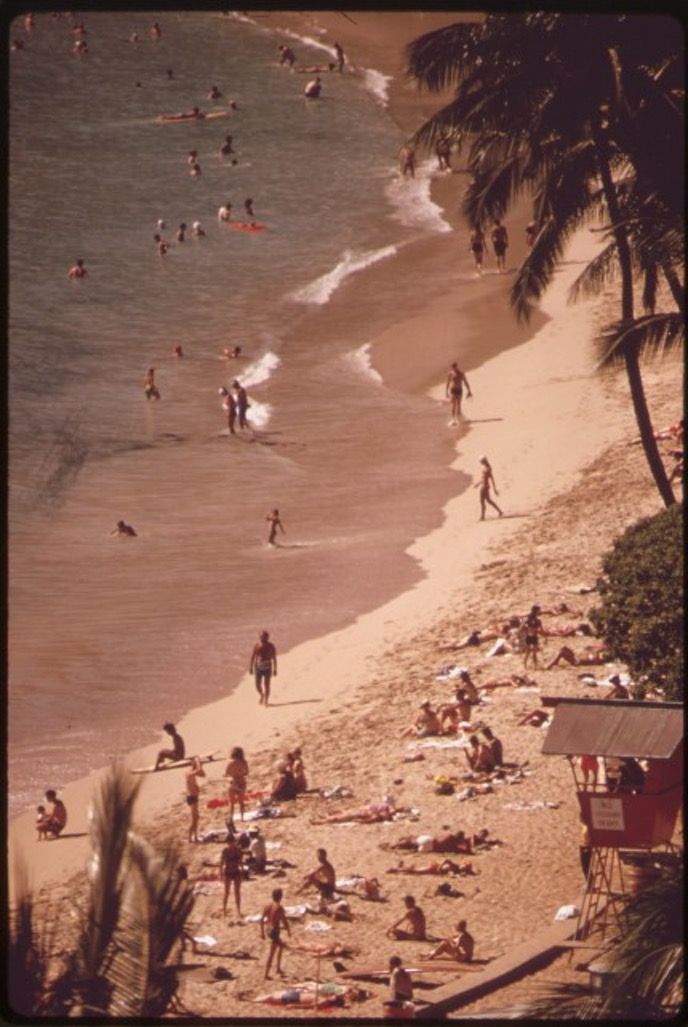 many people are on the beach and in the water