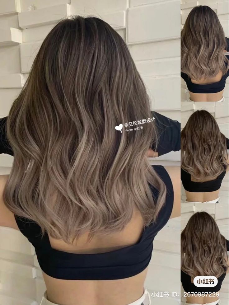 Hair Color Medium Hair, Ash Brown Medium Hair, Milk Tea Hair Color Ombre, Ashy Brown Hair Balayage Straight, Evo Hair Color, Ashy Brown Hair Balayage Asian, Ash Beige Hair Highlights, Mushroom Brown Straight Hair, Hair Color For Light Spring Skin Tone