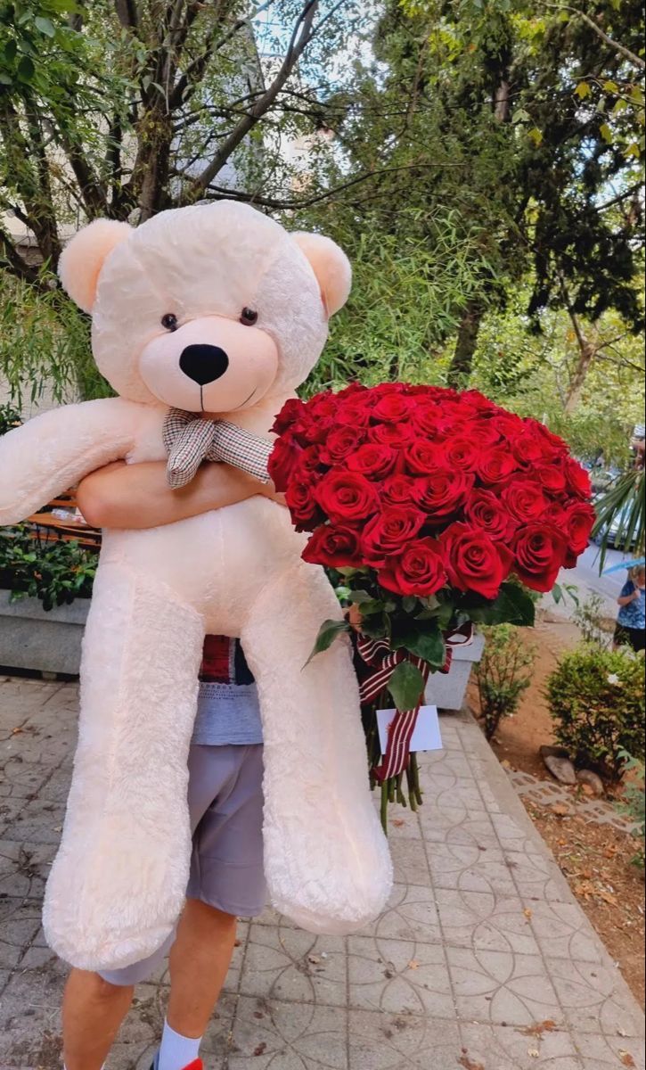 a person holding a large teddy bear in front of red roses on the ground and trees