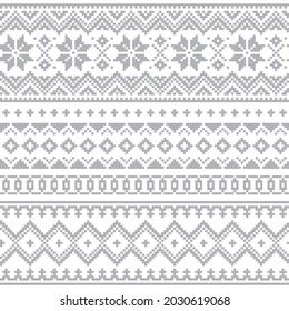 a set of knitted patterns in grey and white colors, with different designs on the sides