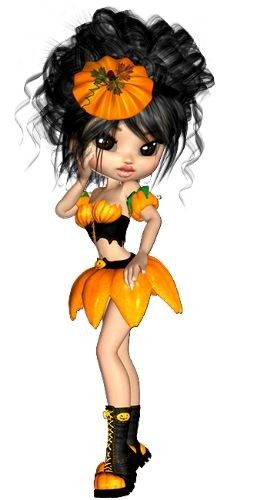 a digital illustration of a girl dressed up as a witch with pumpkins on her head