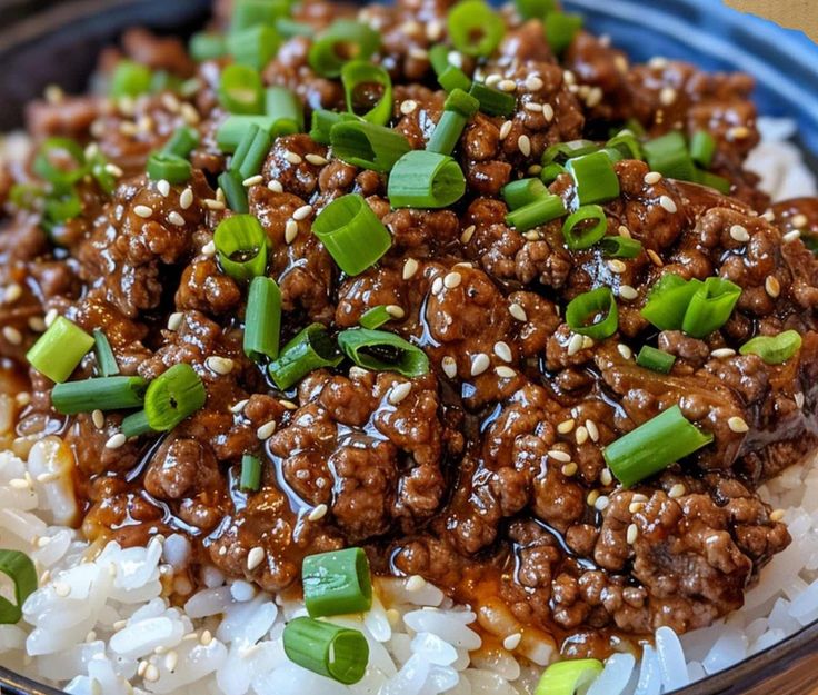 a close up of a plate of food with rice and ground beef on the side