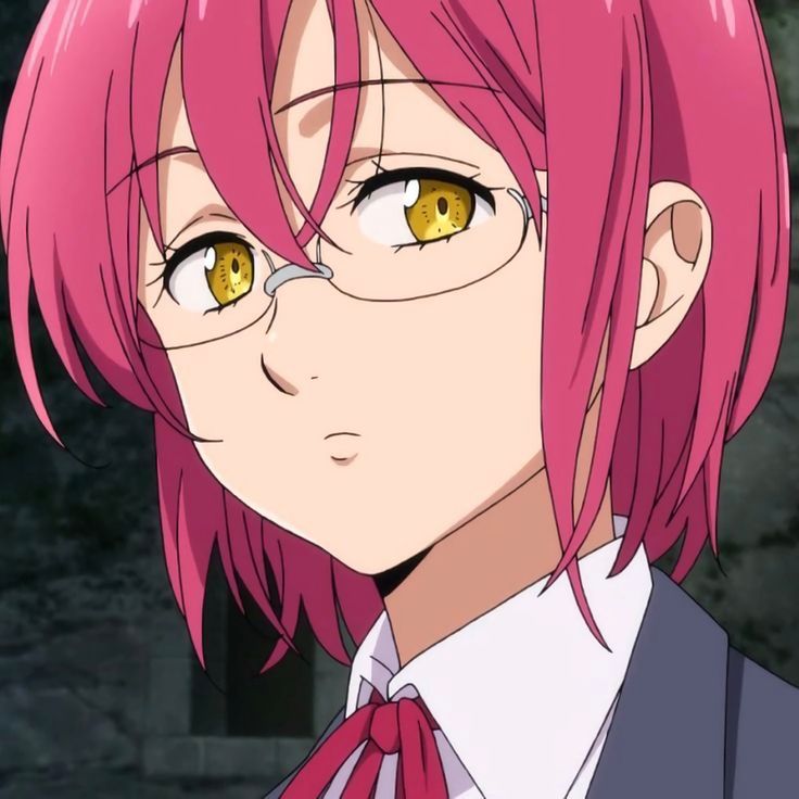 an anime character with pink hair and glasses