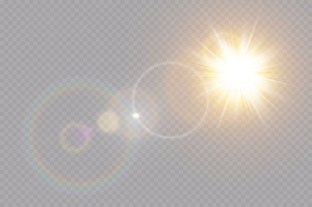 the sun shines brightly on a clear sky, with lens flares in the foreground