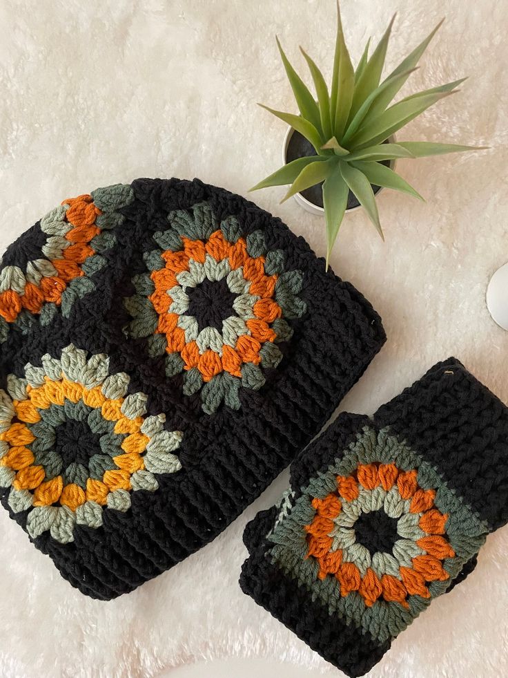 two crocheted hats and one pot holder on a white rug next to a succulent plant