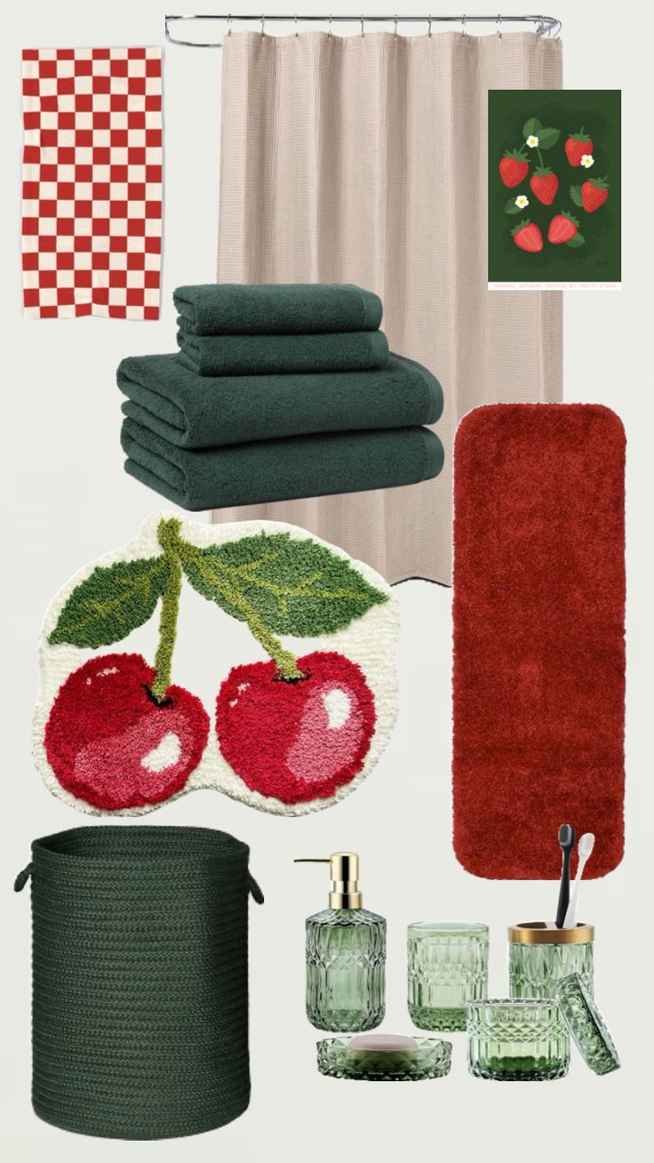 the bathroom is decorated in shades of green, red and white with cherries on it