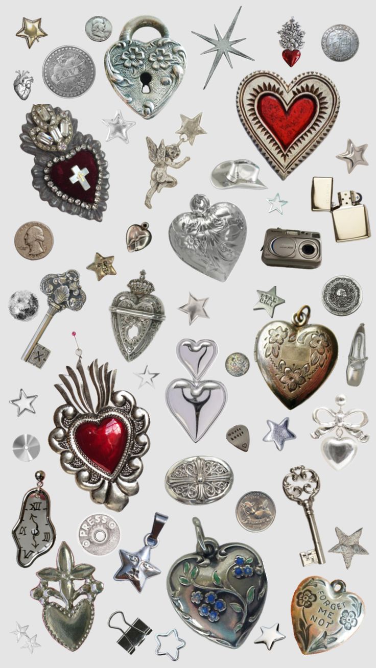 many different types of silver and red heart shaped charms on a white background with stars