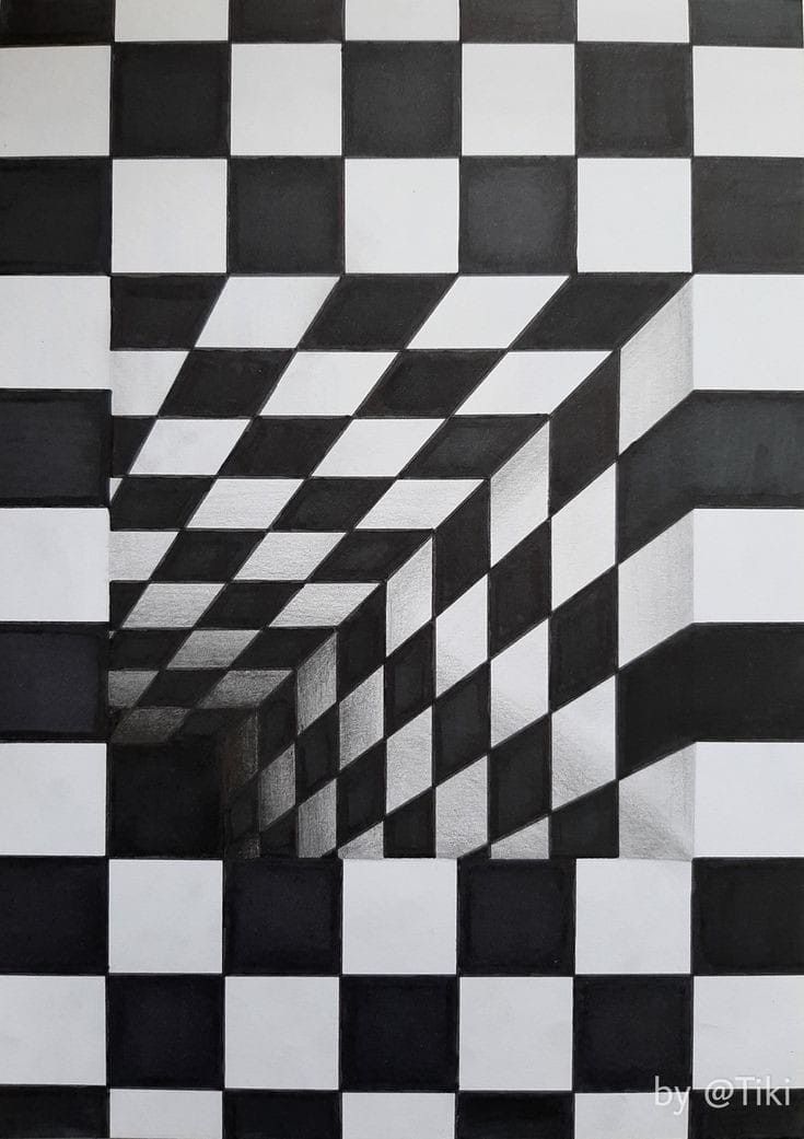 a black and white checkered wall with an opening in the middle that has been drawn