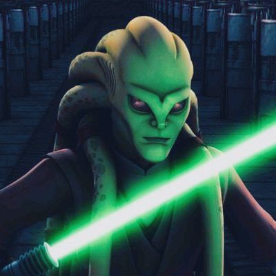 an animated star wars character with green lights