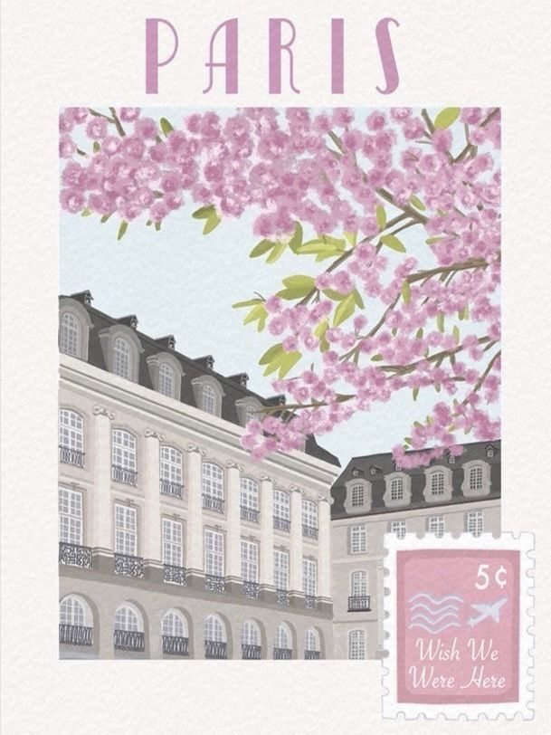 a postcard with pink flowers on it and the words paris written in white lettering