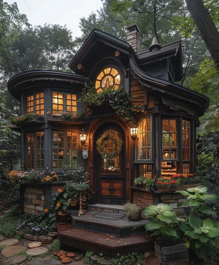 a small house with lots of windows and plants growing on the front door, along with steps leading up to it