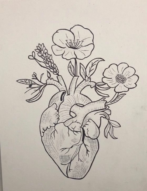 a drawing of a heart with flowers in it