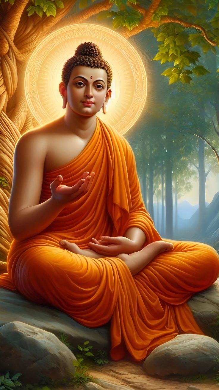 a painting of a buddha sitting in the middle of a forest with his hands together