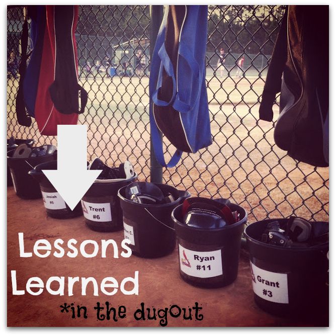 the words lessons learned in the dugout are shown above buckets with baseball bats