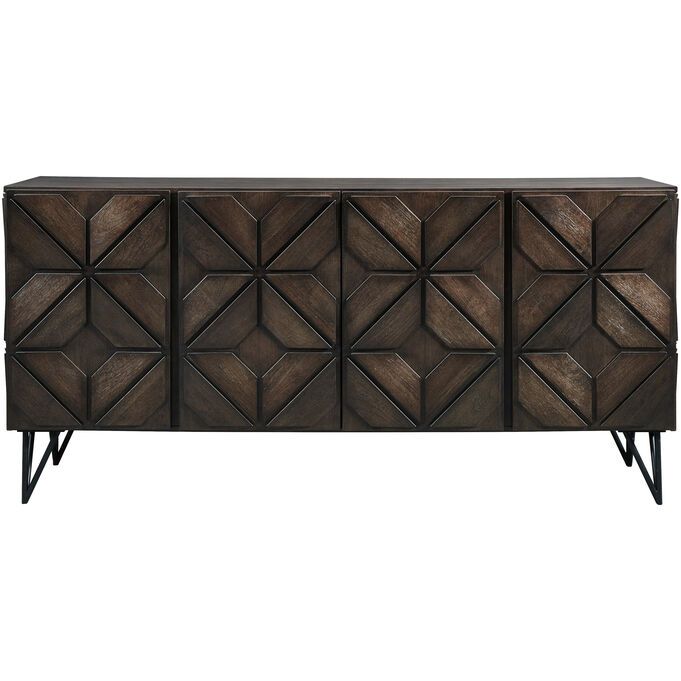 the sideboard is made out of wood and has geometric designs on it, as well as metal legs