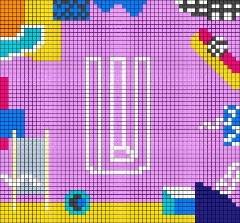 a cross stitch pattern with the letter u in white letters on a pink background that is filled with colorful objects