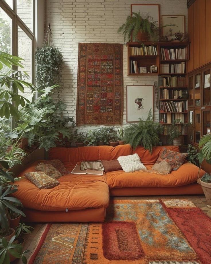 a living room with an orange couch and lots of plants