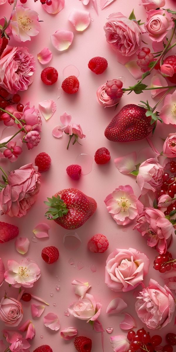 strawberries, roses and other flowers are arranged on a pink background with water droplets