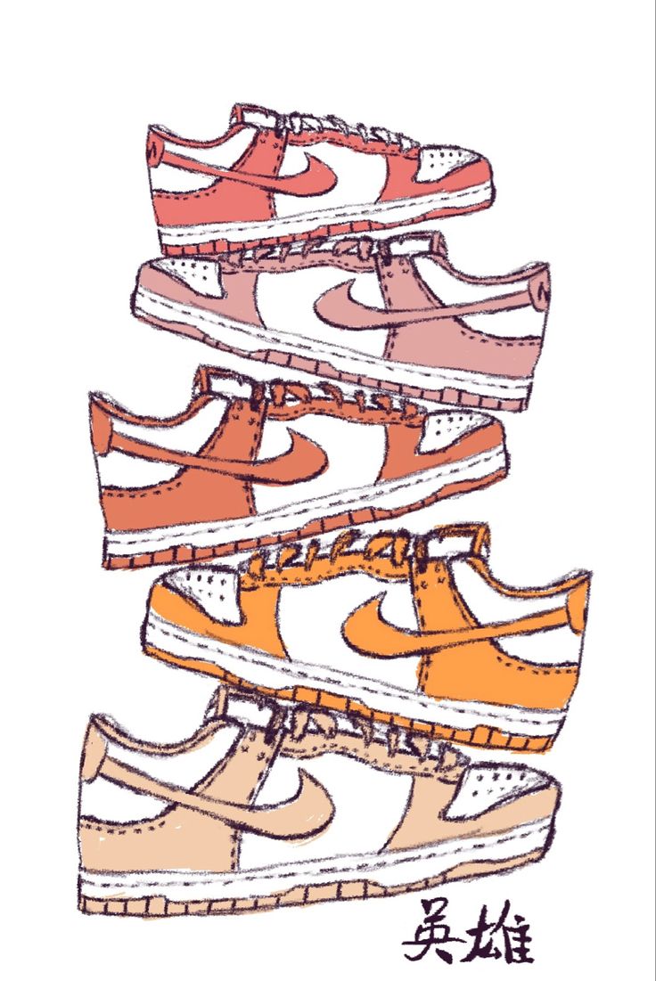 a drawing of nike shoes stacked on top of each other