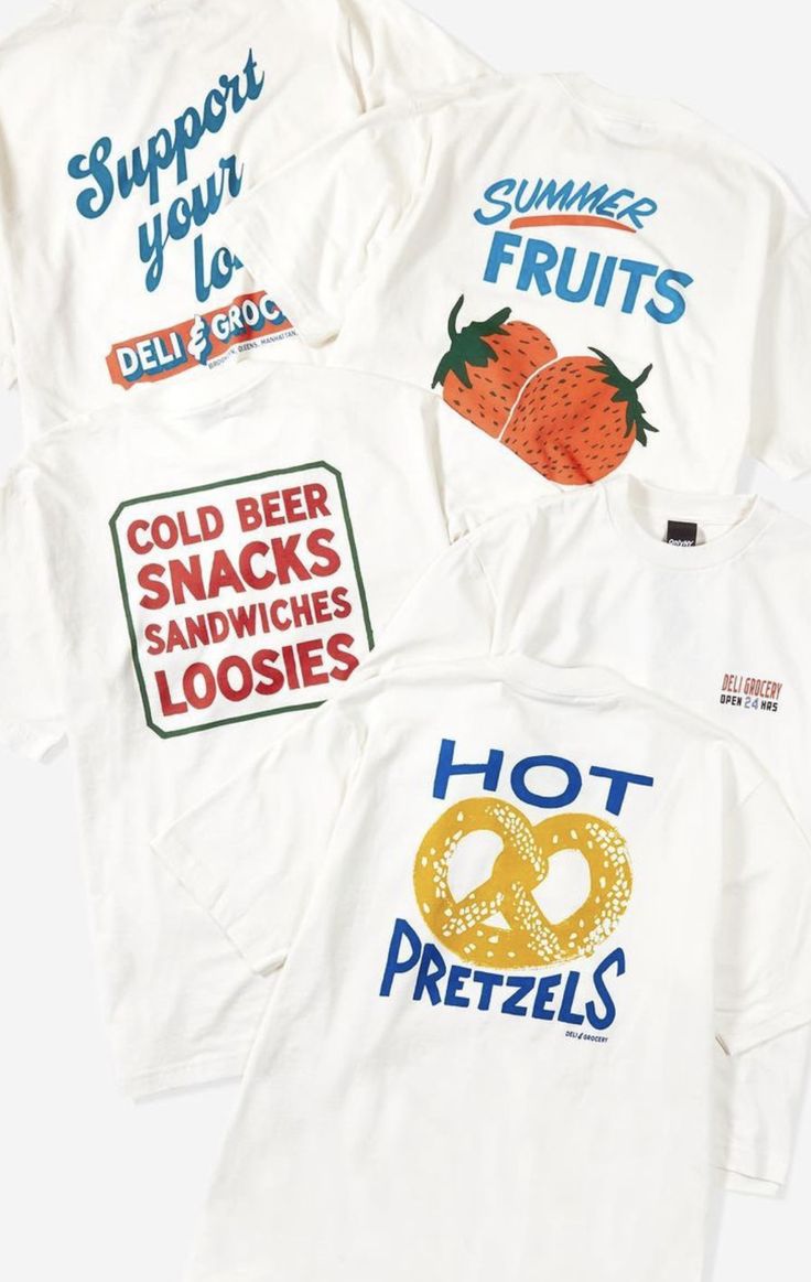 four t - shirts that say hot pretzels and donuts