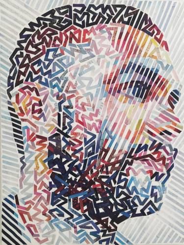 an image of a man's face made up of letters and lines on paper