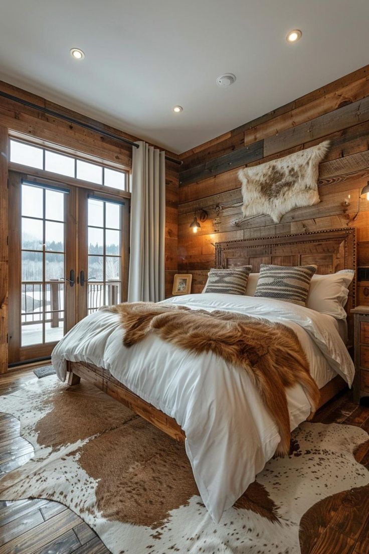 a bedroom with wood paneling and cowhide rugs on the floor next to a bed