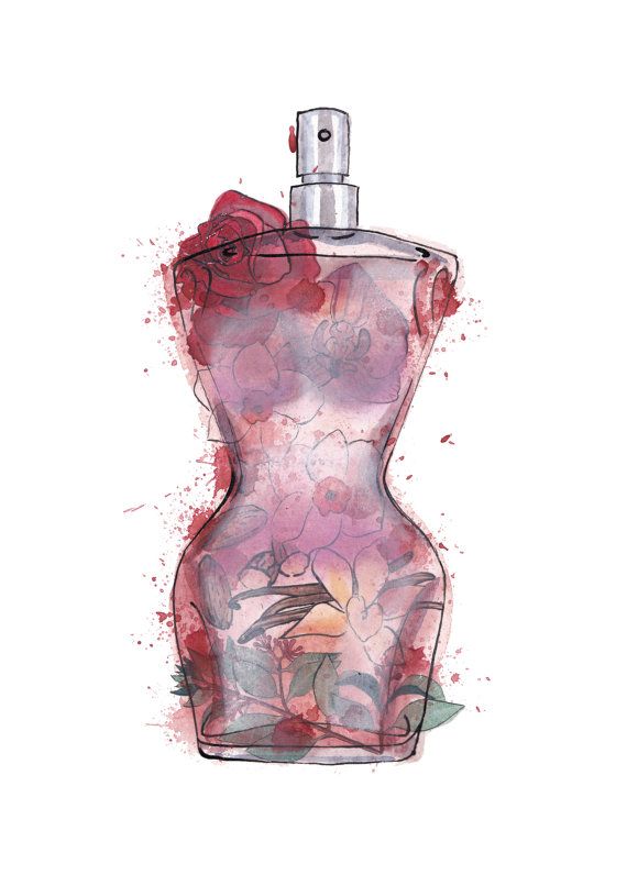 a watercolor painting of a perfume bottle with roses on the top and bottom half