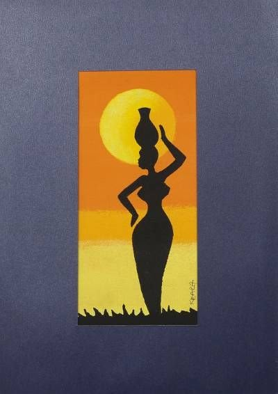 a painting of a woman standing in front of a sunset