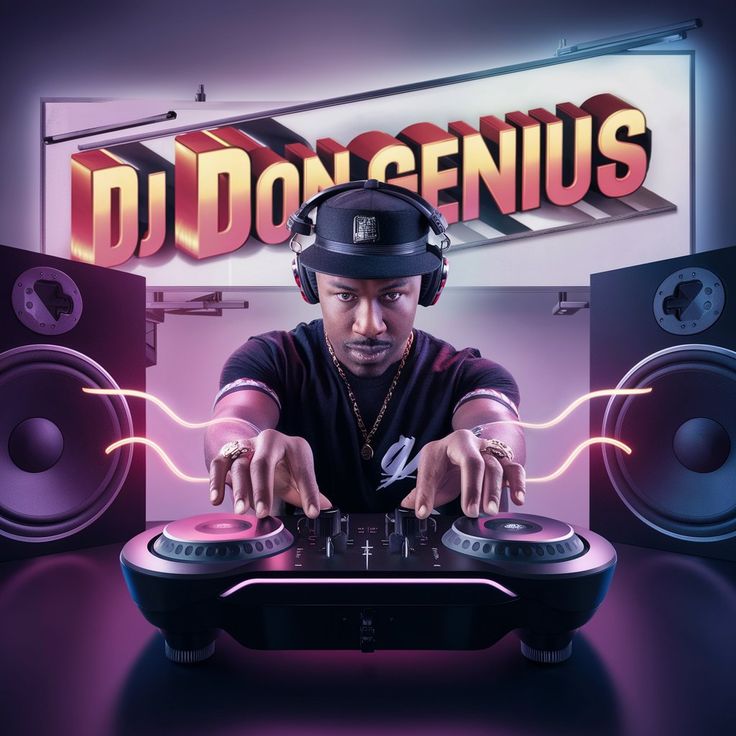 the dj is playing music on his turntable in front of a neon sign that reads dj denius