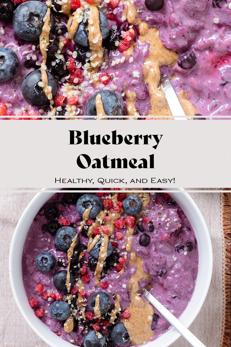 blueberry oatmeal in a bowl with spoons