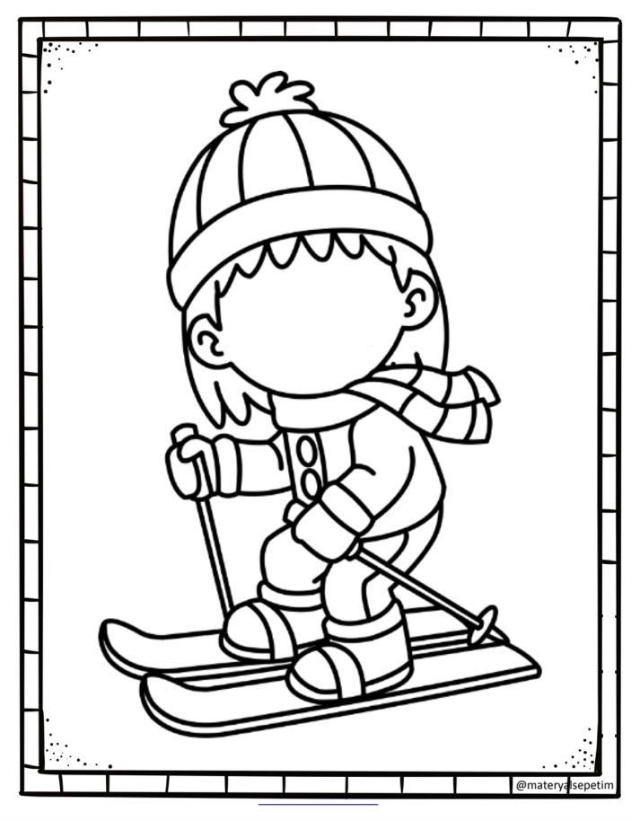 a black and white drawing of a girl on skis