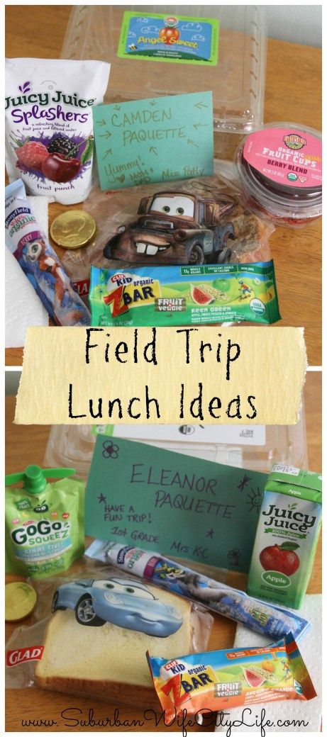 the lunch box is filled with school supplies and has writing on it that says field trip lunch ideas