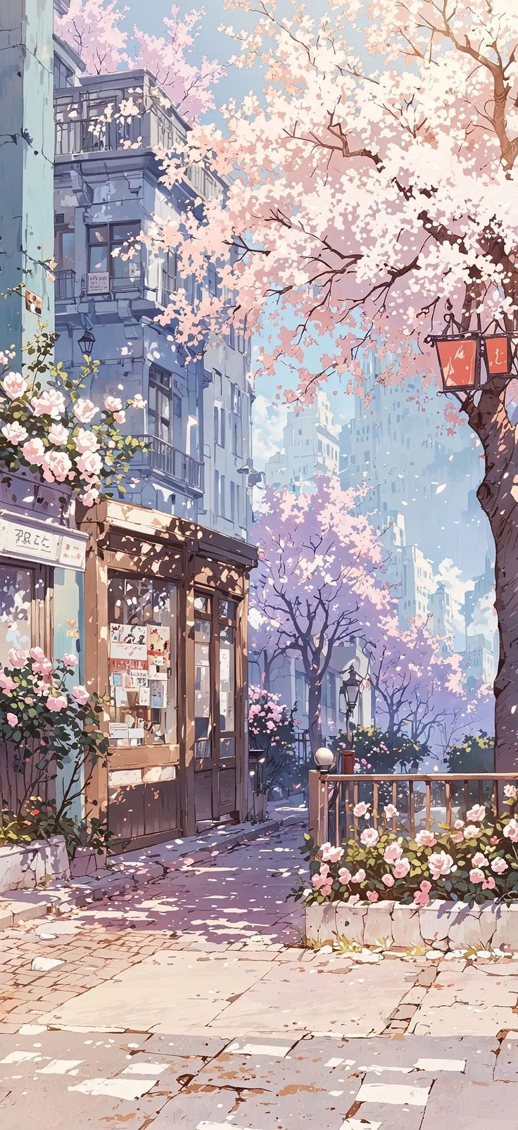 a painting of a city street with flowers on the trees