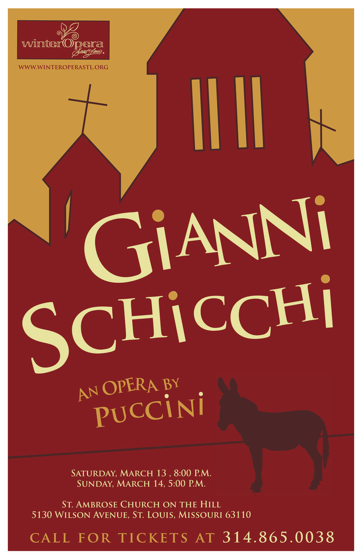 the cover of giani schicchii an opera by puccini, with a horse standing in front of a church