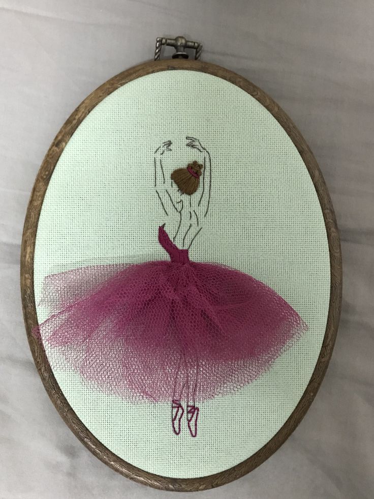 a ballerina in a pink tutule on a white background is framed by a round wooden frame