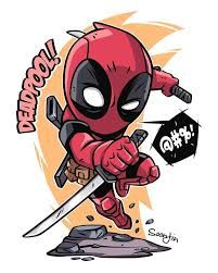 a deadpool character holding a knife and pointing at the ground with his right hand