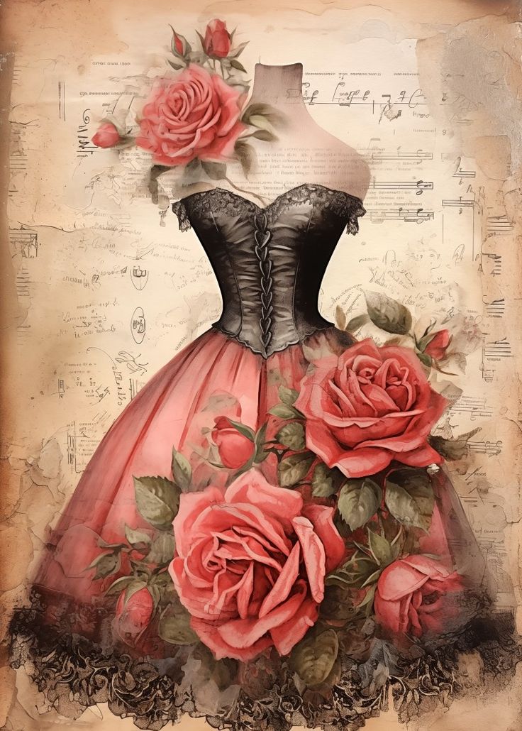 a painting of a dress with roses on it