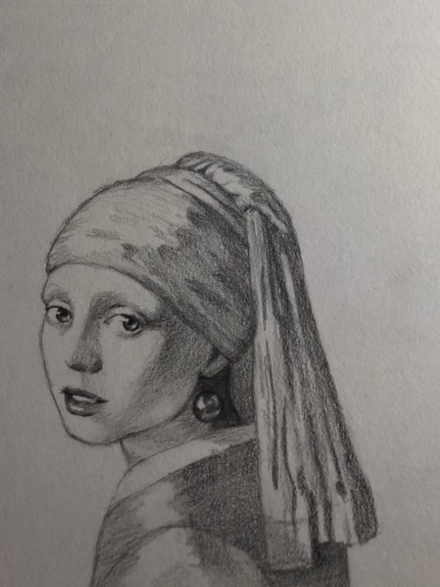 a pencil drawing of a girl with a pearl ear and a turban on her head