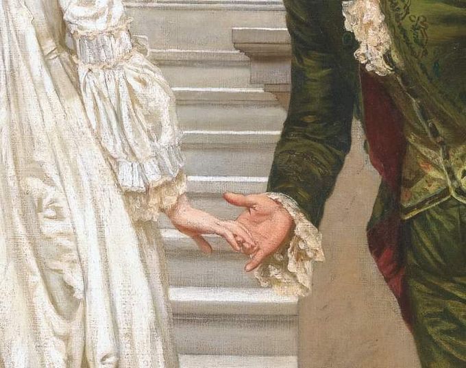 a painting of two people holding hands in front of stairs and steps leading up to them