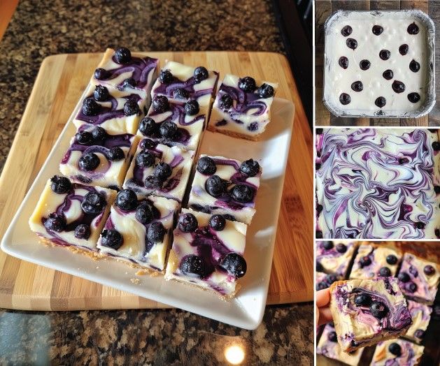 blueberry cheesecake bars on a cutting board with toppings cut up and ready to be eaten