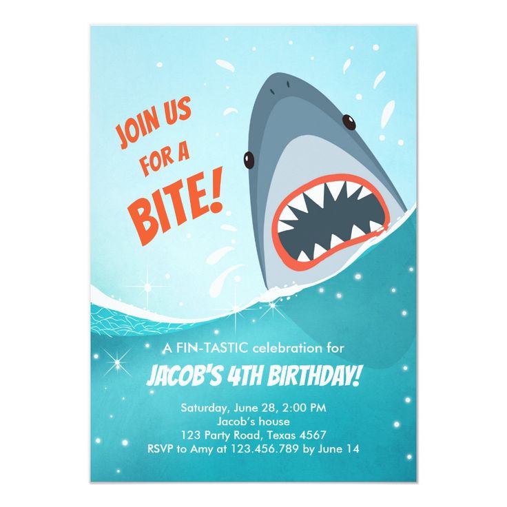 a shark birthday party card with an image of a shark swimming in the water and it says join us for a bite