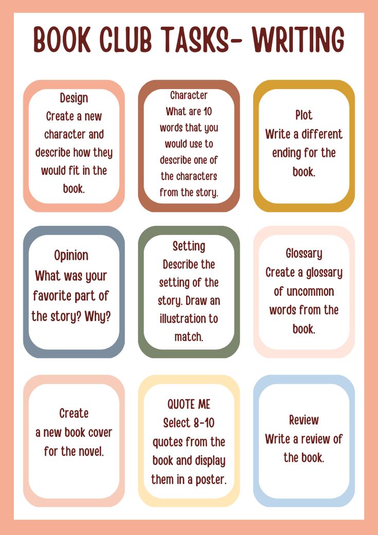 the book club tasks - writing poster is shown in four different colors and font styles