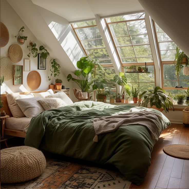 a bedroom with lots of plants in the windows and on the bed is a green comforter