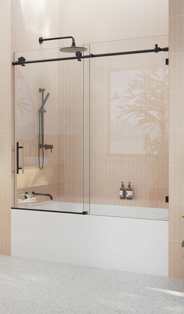 a bath tub sitting next to a shower with glass doors on both sides and a plant in the corner