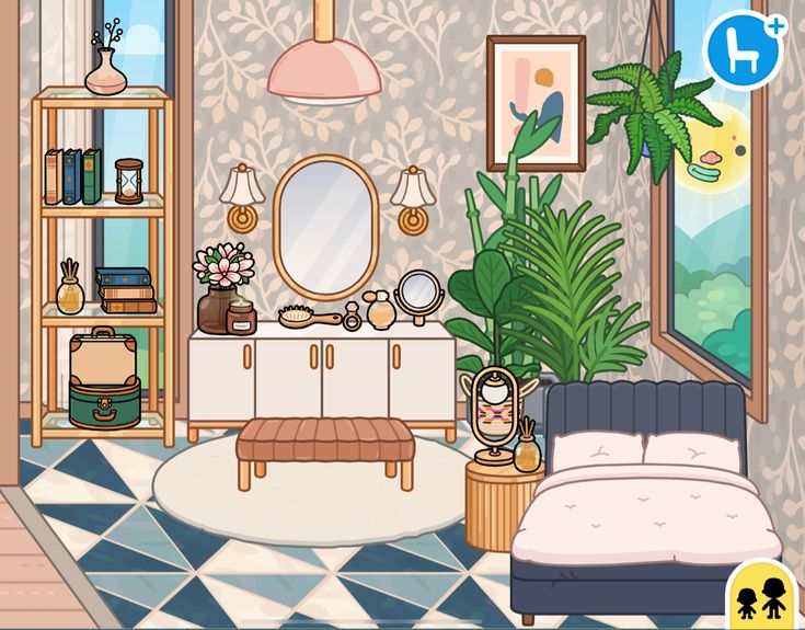 the room is decorated with plants and furniture, including a bed, dresser, mirror, lamp, bookshelf, potted plant and other items