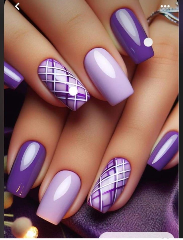 Purple Tones Nails, Purple Biab Nail Designs, Purple Nail Polish Designs, Purple And Navy Nails, Short Sassy Nails, Purple Plaid Nails, Plum Nail Designs, Nail Designs Lavender, Fall Purple Nails