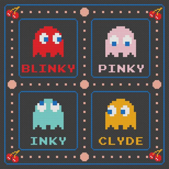 an old video game poster with the words blinky pinky, inky and clyde