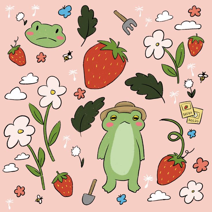 a frog with strawberries and flowers on a pink background