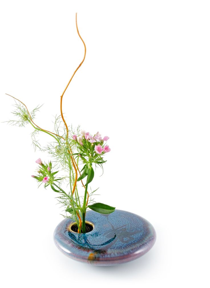 a blue vase with flowers in it on a white surface and one flower is sticking out of the base