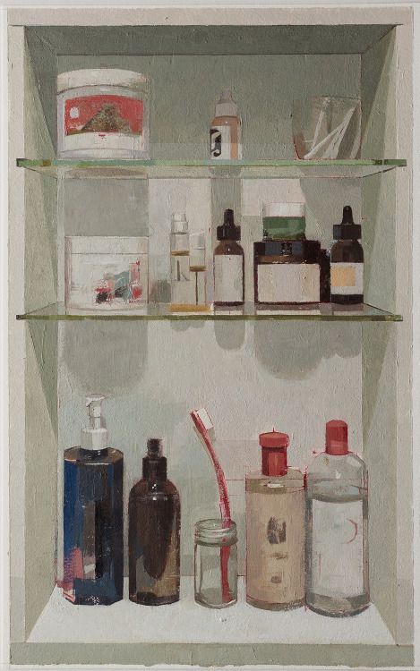 an oil painting of medicine bottles and toothbrushes in a shelf with shelves full of them